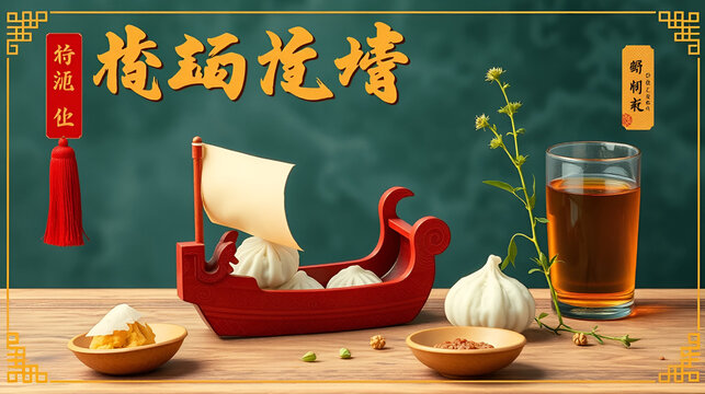 Dragon Boat Festival card with rice dumplings, realgar wine and calamus, the Chinese translation is Dragon Boat Festival