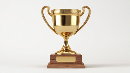 Fototapeta premium A shiny golden trophy with handles on a wooden base against a white background