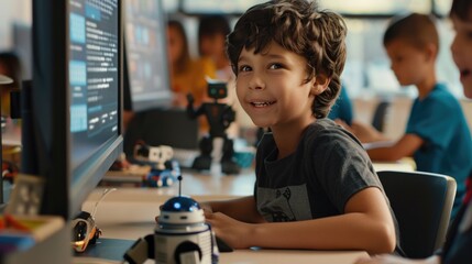 A happy young boy sitting at the desk using computer with data on the monitor, a small robot is on the desk, other diverse kids are sitting in the room, blurred background.
