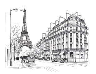 Parisian cityscape sketch with the Eiffel Tower dominating the skyline and street scene