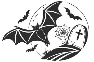 Vector Halloween background with flying bats, spider web, and grave with cross