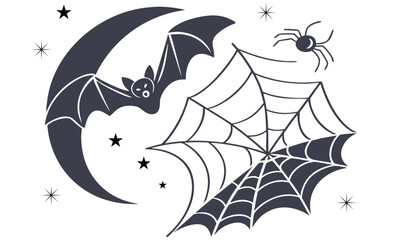 Vector Halloween background with bat, moon, stars, spider, and web