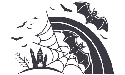 Vector Halloween background with flying bats, spider webs, and haunted castle