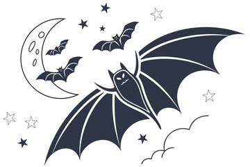 Vector Halloween background with bats flying at night, stars, clouds, and moon