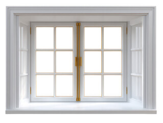 Ornate White Window With Golden Handles isolated on a transparent background image
