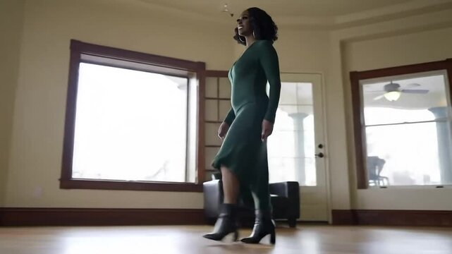 Stylish Trans Woman in Red Walking Indoors with Confidence