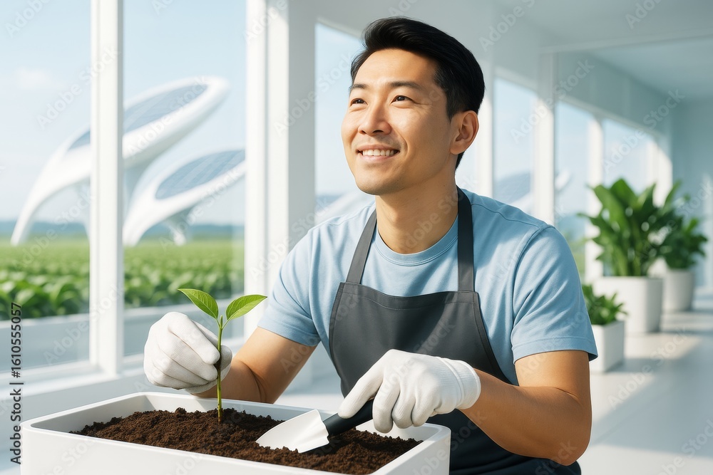 Poster smiling man planting seedling indoors with futuristic architecture in background, symbolizing sustai