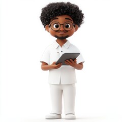Friendly cartoon character with curly hair holding a tablet and smiling, wearing casual white clothing on a light background
