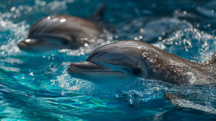 Obraz premium Two dolphins swimming in clear blue water with visible water splashing around