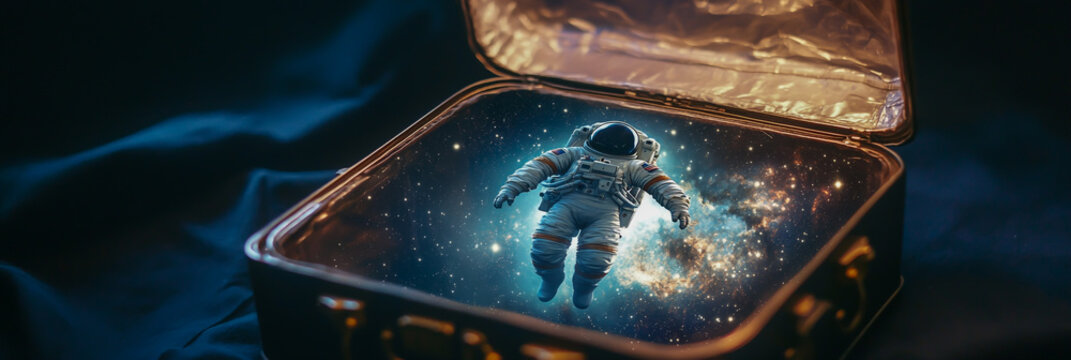 An open vintage suitcase depicting the silhouette of an astronaut floating weightlessly in space, set against a deep, dark cosmic backdrop.