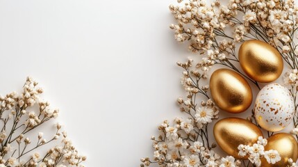 Elegant Arrangement of Golden Easter Eggs Surrounded by Delicate White Flowers on a Soft Background