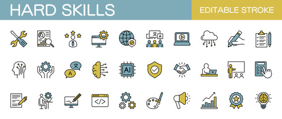 Hard skills line icon set – Includes business, technology, computing, programming and career. Editable stroke. Colored vector illustration.