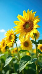 Fototapeta premium Sunflowers ablaze, vibrant yellow against a cerulean sky , landscape, horizon, sunshine
