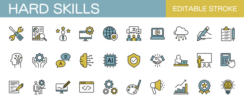 Hard skills line icon set – Includes business, technology, computing, programming and career. Editable stroke. Colored vector illustration.