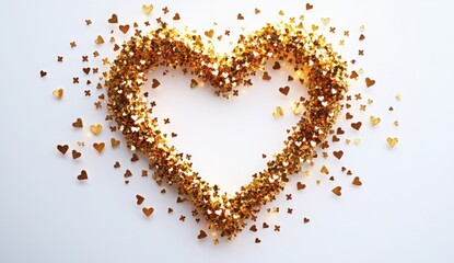 Glitter Heart Shape Made of Golden Confetti on White Background for Valentine's Day or Celebration Themes