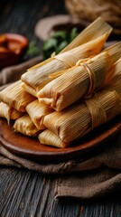 Delicious tamales served on a rustic wooden plate