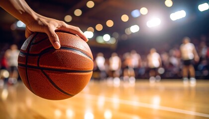 Naklejka premium Basketball game ball hand on court sport
