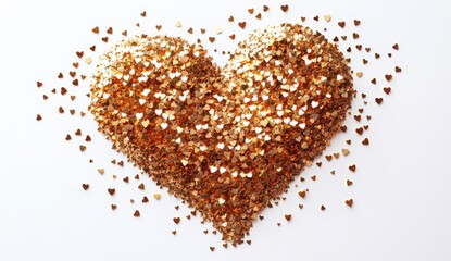 Shimmering Gold Heart Shape Made of Tiny Glittering Hearts on White Background for Romance and Celebration Themes
