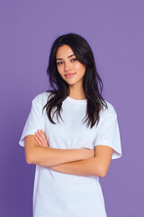 smiling girl white tshirt pastel purple background casual pose