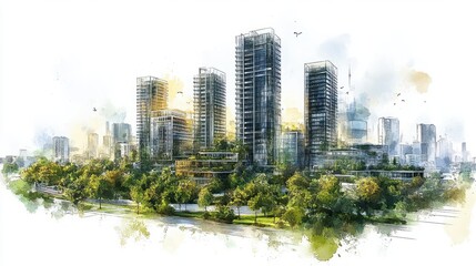 Modern Urban Landscape with Skyscrapers, Greenery, and Vibrant City Life in a Bright Watercolor Style