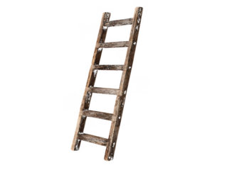 Rustic wooden ladder reaching upward isolated on a transparent background weathered