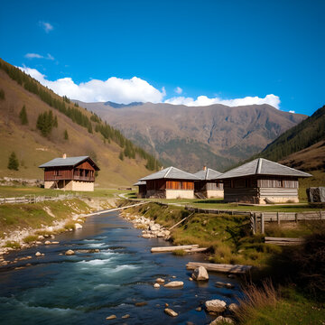 Traditional village houses  in the Caucasus mountains by a river, Bakhmaro, Chokhatauri, Guria, Georgia