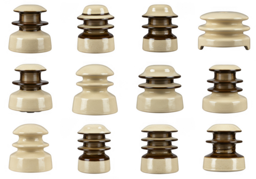 Collection of vintage ceramic electrical insulators with brown and white glaze isolated on transparent background