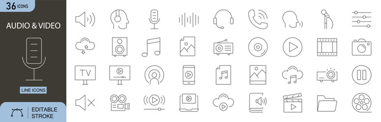 Audio and video icons set.Includes icons for microphone, speaker, headphones, sound waves, camera, play button, volume control, video player, and media recording. Line icons. Perfect for infographics.