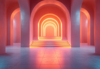 Futuristic Ambience with Glowing Arches and Steps in a Minimalist Design for Modern Backgrounds