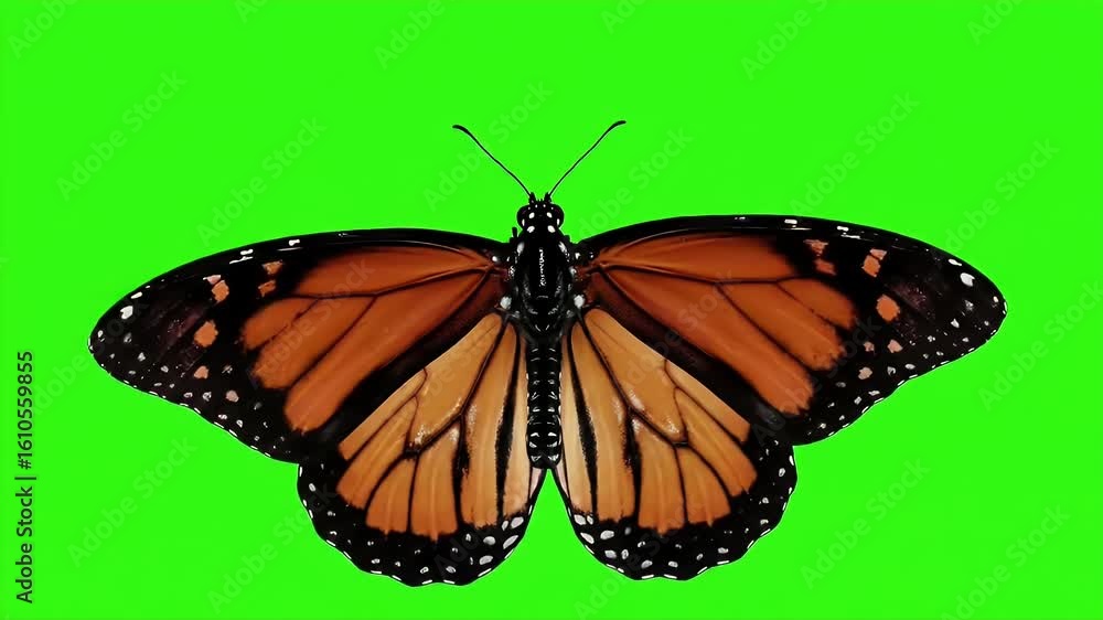 Poster realistic monarch butterfly isolated on green screen backdrop in detailed 3d animation featuring its