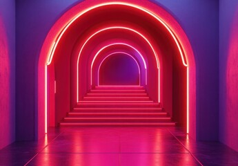 Futuristic Neon Arches with Colorful Lighting in Contemporary Architecture Space