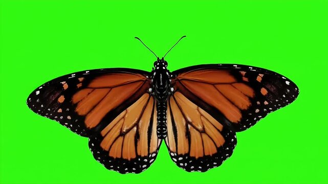 Realistic Monarch Butterfly Isolated on Green Screen Backdrop in Detailed 3D Animation Featuring Its Striking Orange and Black Wings Perfect For Visual Effect Compositing