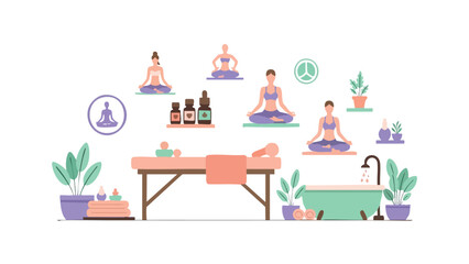 Serene Yoga and Spa Wellness Scene. featuring yoga, meditation, wellness and more, creating a perfect scene. This scene includes elements like spa, relaxation, health.