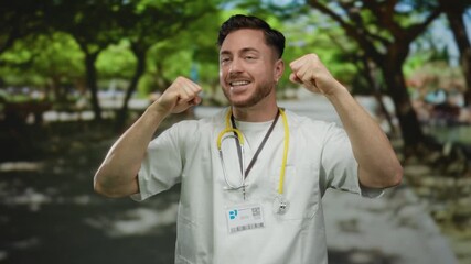 Young man doctor with beard smiling confidently in an outdoor park setting wearing white coat and stethoscope showing triumph with raised fists.