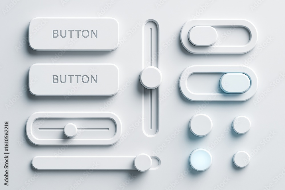 Poster minimalist ui elements including buttons, sliders, and toggles in white with soft shadows on a light