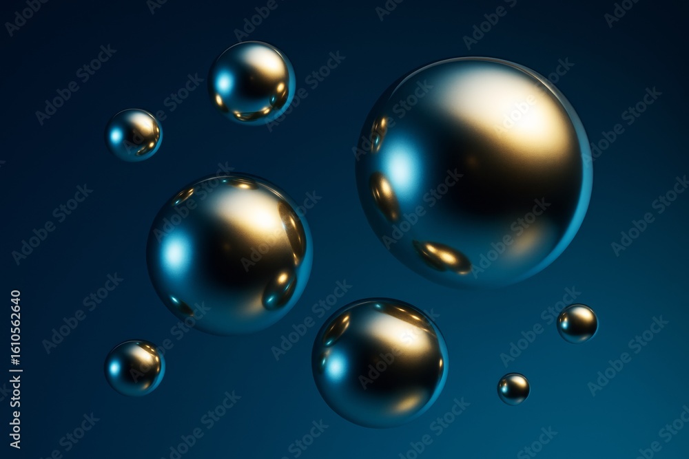 Poster metallic golden and blue spheres floating in abstract space with glowing reflections on a dark gradi