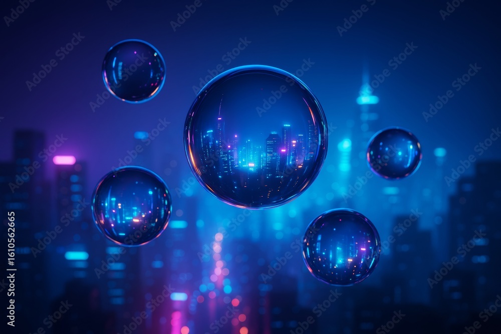 Aufkleber futuristic city skyline reflected in floating glass spheres with vibrant neon lights and abstract ba