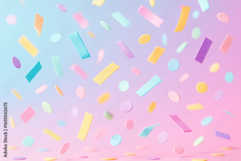Poster falling colorful confetti shapes in pastel tones on soft gradient background creating a festive and 