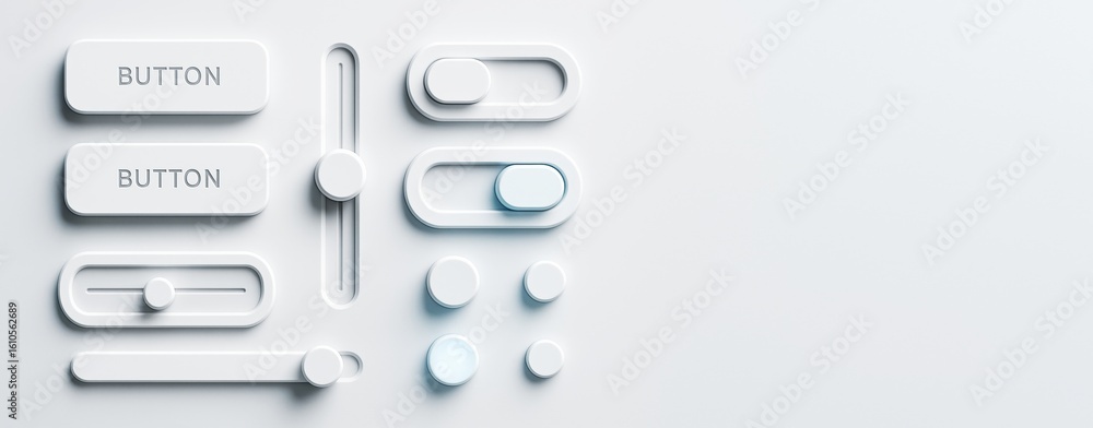 Poster white minimalist ui elements including buttons, switches, and sliders on clean light background with