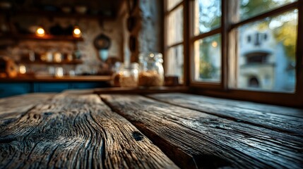 Rustic Wooden Table Top in a Cozy Farmhouse Kitchen Setting