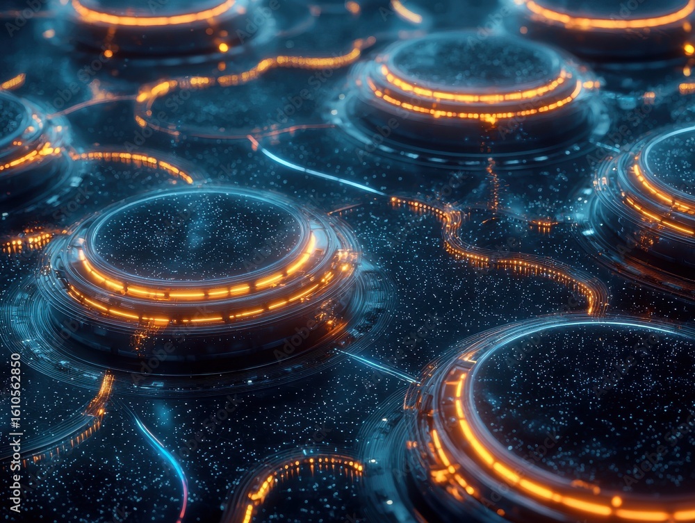 Poster futuristic circular structures interconnected by glowing lines on a dark, starry surface, emitting b