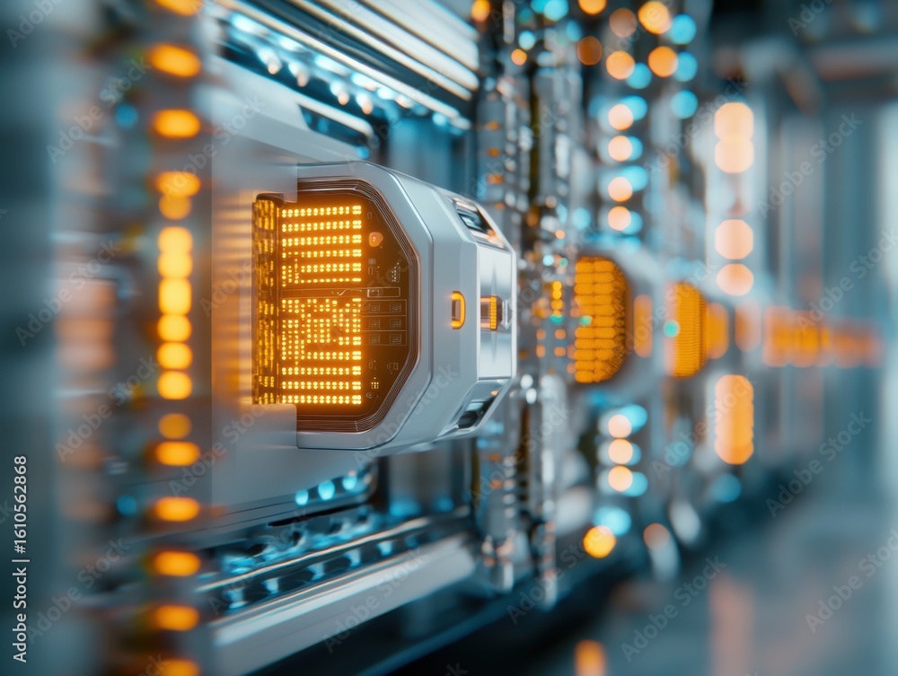 Poster close-up of a futuristic, high-tech data center or server with glowing orange lights and intricate e