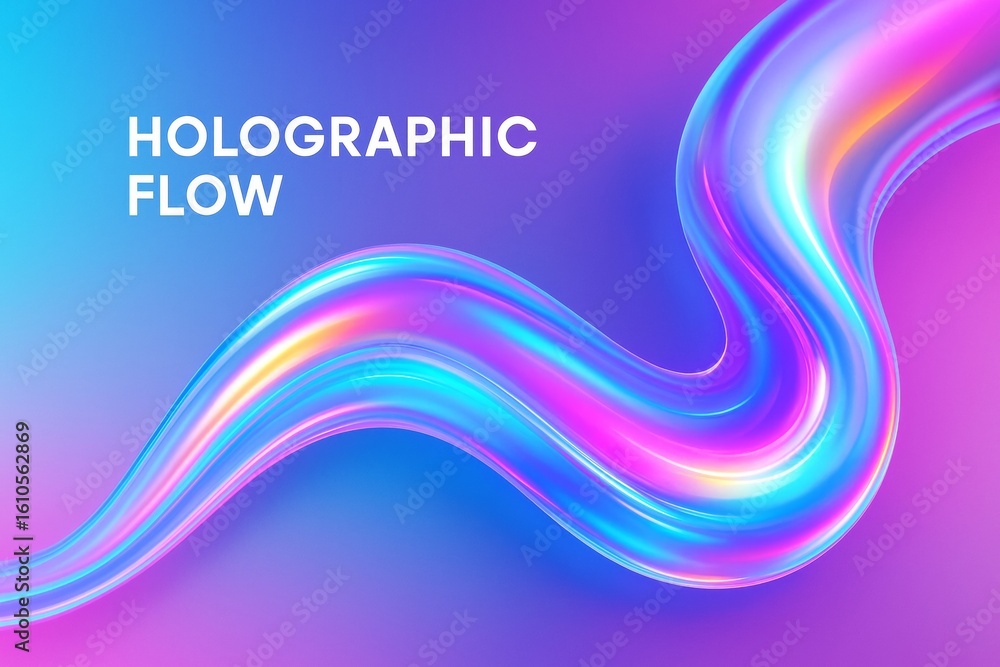 Poster holographic light wave in colorful abstract flow on smooth gradient background, vibrant glowing swir