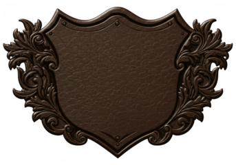 Ornate vintage bronze shield emblem with elaborate floral scrollwork isolated on transparent background