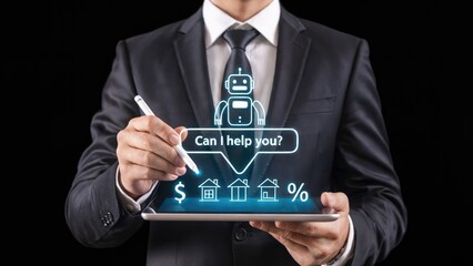 Professional using AI chatbot on tablet, offering help with finances, real estate, and investments