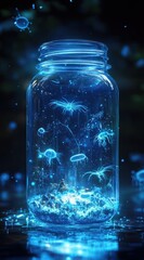 Enchanted Glass Jar Containing Luminous Jellyfish and Ethereal Creatures in a Magical Atmosphere
