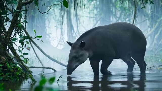 Unique Tapir Walking Through Jungle Water Scene with Dense Green Foliage and Misty Atmosphere