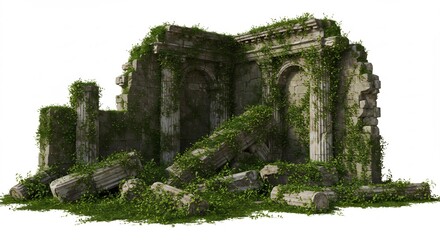 緑深く覆う古代遺跡 静かに佇む石柱の残骸 柔らかな光が差し込む. AI Generated