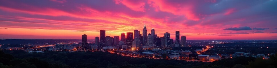 Fototapeta premium Youngstown skyline sunset, vibrant colors, illuminated buildings, industrial city, urban landscape, scenic