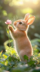 Adorable baby rabbit holding delicate pink flower in serene natural setting during golden hour sunlight